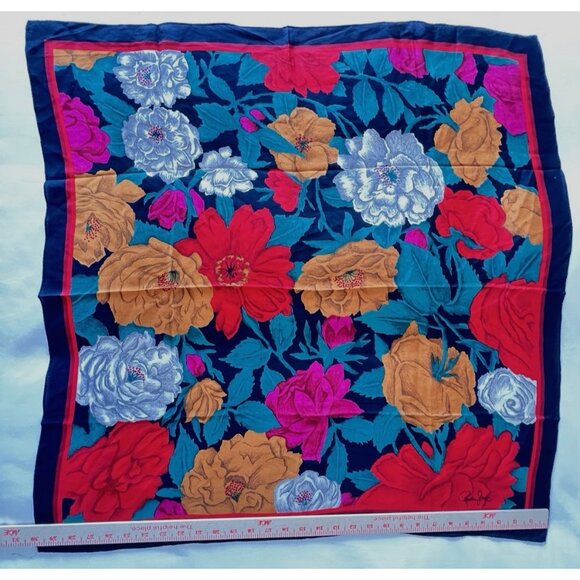 Vintage CORNELIA JAMES SILK Scarf Print Floral Black Red Gold White 30" x 30" - Picture 3 of 7